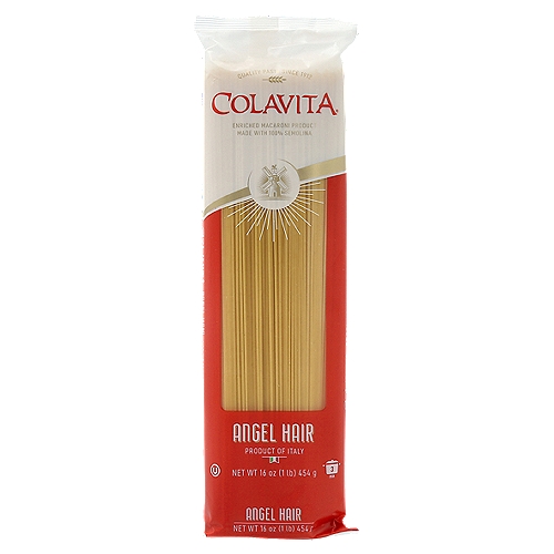 Colavita Angel Hair Pasta, 16 oz
Enriched Macaroni Product

And fresh mountain spring water with no salts or preservatives added. Pasta is a fundamental component of the Mediterranean diet, and Colavita pasta is the authentic Italian choice for home cooks and chefs the world over.