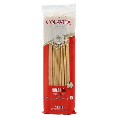 Colavita Bucatini Pasta, 16 oz
Enriched Macaroni Product

This "bronze die" pasta gets its shape from a process in which the pasta is extruded through bronze plates or "dies". This gives the pasta a superior texture - one that clings better to sauces - and makes it the preferred choice of pasta enthusiasts and chefs.