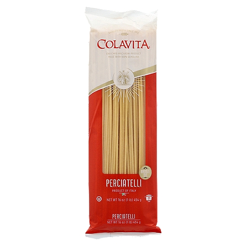 Colavita Bronze Die Perciatelli Pasta, 16 oz
Enriched Macaroni Product

This "Bronze Die" pasta gets its shape from a process in which the pasta is extruded through bronze plates or "dies". This gives the pasta a superior texture - one that clings better to sauces - and makes it the preferred choice of pasta enthusiasts and chefs.