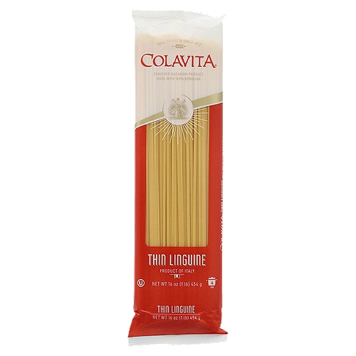 Colavita Thin Linguine Pasta, 16 oz
Enriched Macaroni Product

This "Bronze Die" pasta gets its shape from a process in which the pasta is extruded through bronze plates or "dies". This gives the pasta a superior texture - one that clings better to sauces - and makes it the preferred choice of pasta enthusiasts and chefs.
