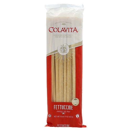 Colavita Bronze Die Fettuccine Pasta, 16 oz
Enriched Macaroni Product

This "Bronze Die" pasta gets its shape from a process in which the pasta is extruded through bronze plates or "dies". This gives the pasta a superior texture - one that clings better to sauces - and makes it the preferred choice of pasta enthusiasts and chefs.