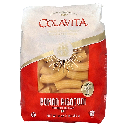 Colavita Bronze Die Roman Rigatoni Pasta, 16 oz
Enriched Macaroni Product

This "Bronze Die" pasta gets its shape from a process in which the pasta is extruded through bronze plates or "dies". This gives the pasta a superior texture - one that clings better to sauces - and makes it the preferred choice of pasta enthusiasts and chefs.