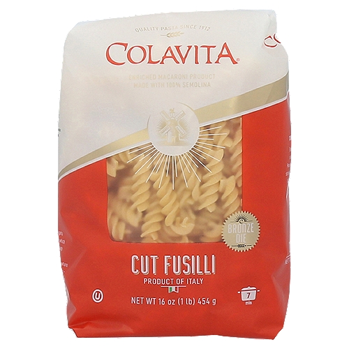 Colavita Bronze Die Cut Fusilli Pasta, 16 oz
Enriched Macaroni Product

This "Bronze Die" pasta gets its shape from a process in which the pasta is extruded through bronze plates or "dies". This gives the pasta a superior texture - one that clings better to sauces - And makes it the preferred choice of pasta enthusiasts and chefs.