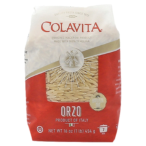 Colavita Bronze Die Orzo Pasta, 16 oz
Enriched Macaroni Product

This "Bronze Die" pasta gets its shape from a process in which the pasta is extruded through bronze plates or "dies". This gives the pasta a superior texture - one that clings better to sauces - and makes it the preferred choice of pasta enthusiasts and chefs.