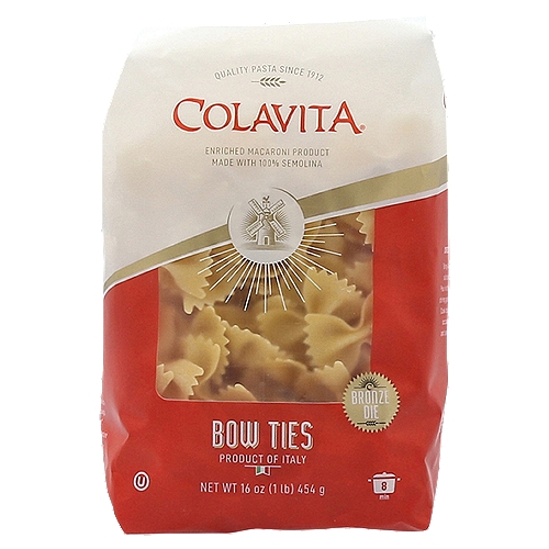 Colavita Bronze Die Bow Ties Pasta, 16 oz
Enriched Macaroni Product

This "Bronze Die" pasta gets its shape from a process in which the pasta is extruded through bronze plates or "dies". This gives the pasta a superior texture - one that clings better to sauces - and makes it the preferred choice of pasta enthusiasts and chefs.