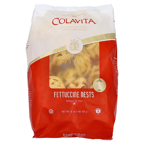 Colavita Bronze Die Fettuccine Nests Pasta, 16 oz
Enriched Macaroni Product

This "Bronze Die" pasta gets its shape from a process in which the pasta is extruded through bronze plates or "dies". This gives the pasta a superior texture - one that clings better to sauces - and makes it the preferred choice of pasta enthusiasts and chefs.