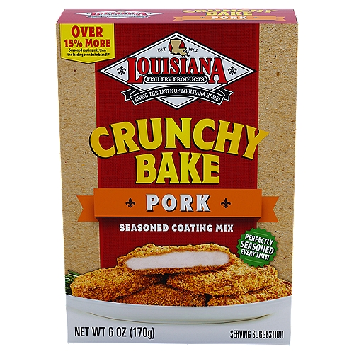 Over 15% More Seasoned coating mix than the leading oven bake brand! *n* Louisiana Fish Fry Crunchy Bake 6 oz. carton has over 15% more product net weight than the leading competitor's standard 5 oz. seasoned coating mix. Not indicative of value per pack.nnLouisiana Fish Fry Crunchy Bake delivers crunchy, full-flavor pork straight from the oven.