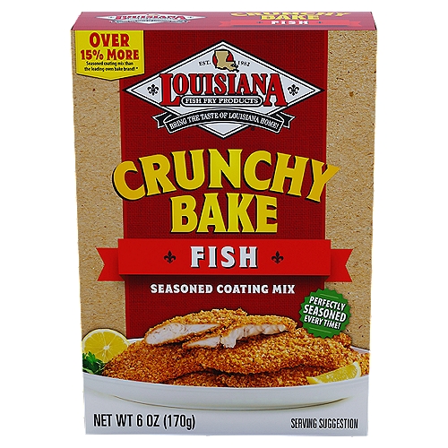Louisiana Fish Fry Products Crunchy Bake Fish Seasoned Coating Mix, 6 oz
Over 15% More Seasoned coating mix than the leading oven bake brand!*
*Louisiana Fish Fry Crunchy Bake 6 oz. carton has over 15% more product net weight than the leading Competitor's standard 5 oz. seasoned coating mix. Not indicative of value per pack.

Louisiana Fish Fry Crunchy Bake delivers crunchy, full-flavor chicken straight from the oven.
