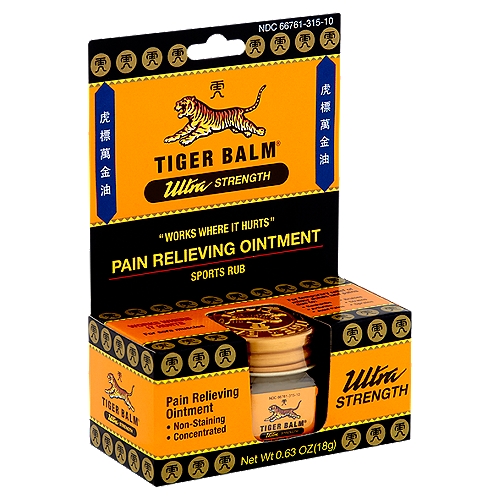 Tiger Balm Ultra Strength Pain Relieving Ointment, 0.63 oz
Drug Facts
Active ingredients - Purpose
Camphor 11% - Topical analgesic
Menthol 11% - Topical analgesic

Uses
For temporary relief of minor aches and pains of muscles and joints associated with simple backache, arthritis, bruises, strains and sprains.