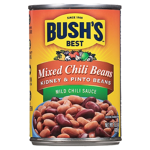 Bush's Mixed Kidney & Pinto Beans in a Mild Chili Sauce 15.5 oz
For you, chili isn't just another dish. That's why Bush's Mixed Chili Beans aren't just another ingredient - they're the secret to making your best chili even better. We've already combined two delicious chili favorites, kidney beans and pinto beans, and slow-simmered them in a mild sauce seasoned with the robust flavors of garlic, onion and spices. All you have to do is add them to your recipe for a homemade meal that tastes like it's been cooking all day, even when it comes together in just a few minutes.