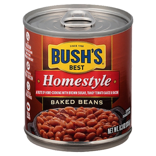 Bush's Homestyle Baked Beans 8.3 oz
When hamburgers and hot dogs are on your table, it only makes sense that Bush's Baked Beans go on the side. Our Homestyle Baked Beans recipe uses tender navy beans, slow-simmered in a tangy sauce made with real bacon, brown sugar and a blend of spices. So whether you're fixing up a summer cookout, a weeknight meal or anything in between, you can be sure you've got perfectly sweet and tangy beans to go along with every savory bite.