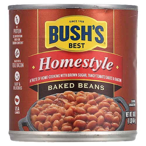 When hamburgers and hot dogs are on your table, it only makes sense that Bush's Baked Beans go on the side. Our Homestyle Baked Beans recipe uses tender navy beans, slow-simmered in a tangy sauce made with real bacon, brown sugar and a blend of spices. So whether you're fixing up a summer cookout, a weeknight meal or anything in between, you can be sure you've got perfectly sweet and tangy beans to go along with every savory bite.