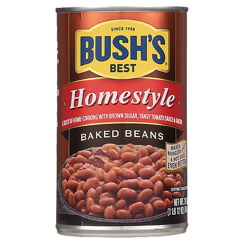 When hamburgers and hot dogs are on your table, it only makes sense that Bush's Baked Beans go on the side. Our Homestyle Baked Beans recipe uses tender navy beans, slow-simmered in a tangy sauce made with real bacon, brown sugar and a blend of spices. So whether you're fixing up a summer cookout, a weeknight meal or anything in between, you can be sure you've got perfectly sweet and tangy beans to go along with every savory bite.n• Gluten and cholesterol free and low fatn• Bush's Homestyle Baked Beans are tender navy beans slow-simmered in a tangy tomato sauce with bacon, brown sugar and a special blend of spicesn• Bush's Baked Beans offer a perfectly sweet side to make your savory hot dogs and hamburgers even tastiern• Gluten and cholesterol free and low fatn• A pantry staple with 7g of protein (7% DV) and 4g of fiber (16% DV) per serving (See nutrition information for sodium content)n• Packaged in recyclable steel cans