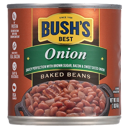 Bush's Baked Beans with Onion 16 oz
When hamburgers and hot dogs are on your table, it only makes sense that Bush's Baked Beans go on the side. Our Onion Baked Beans recipe uses tender navy beans, slow-simmered with real bacon, fine brown sugar, a signature blend of spices and, of course, chopped onion for some flavorful flair. So whether you're fixing up a summer cookout, a weeknight meal or anything in between, you can be sure you've got perfectly sweet beans to go along with every savory bite.