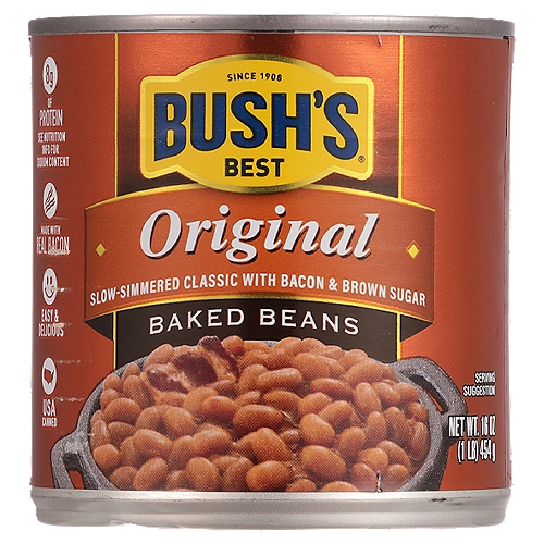 Bush's Original Baked Beans 16 oz
When hamburgers and hot dogs are on your table, it only makes sense that Bush's Baked Beans go on the side. Our Secret Family Recipe uses tender navy beans, slow-simmered with real bacon, fine brown sugar and a signature blend of spices. So whether you're fixing up a summer cookout, a weeknight meal or anything in between, you can be sure you've got perfectly sweet beans to go along with every savory bite.