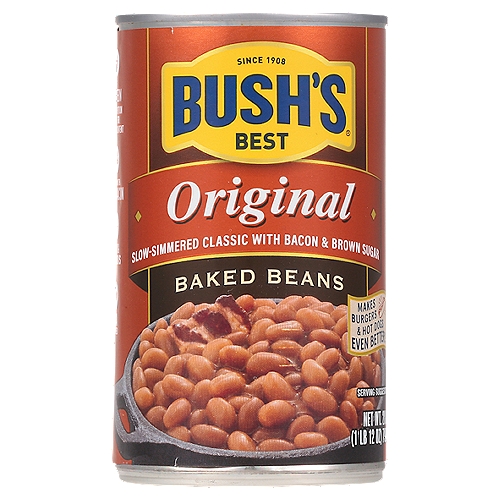 When hamburgers and hot dogs are on your table, it only makes sense that Bush's Baked Beans go on the side. Our Secret Family Recipe uses tender navy beans, slow-simmered with real bacon, fine brown sugar and a signature blend of spices. So whether you're fixing up a summer cookout, a weeknight meal or anything in between, you can be sure you've got perfectly sweet beans to go along with every savory bite.n• Gluten and cholesterol free and low fatn• Bush's Original Baked Beans are tender navy beans slow-simmered with specially cured bacon, fine brown sugar and our signature blend of spicesn• Bush's Baked Beans offer a perfectly sweet side to make your savory hot dogs and hamburgers even tastiern• Gluten and cholesterol free and low fatn• A pantry staple with 7g of protein (8% DV) and 5g of fiber (16% DV) per serving (See nutrition information for sodium content)n• Packaged in recyclable steel cans