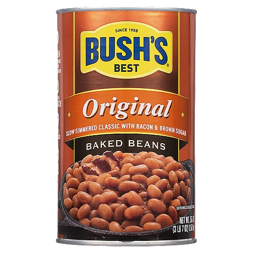 Bush's Original Baked Beans 55 oz
When hamburgers and hot dogs are on your table, it only makes sense that Bush's Baked Beans go on the side. Our Secret Family Recipe uses tender navy beans, slow-simmered with real bacon, fine brown sugar and a signature blend of spices. So whether you're fixing up a summer cookout, a weeknight meal or anything in between, you can be sure you've got perfectly sweet beans to go along with every savory bite.