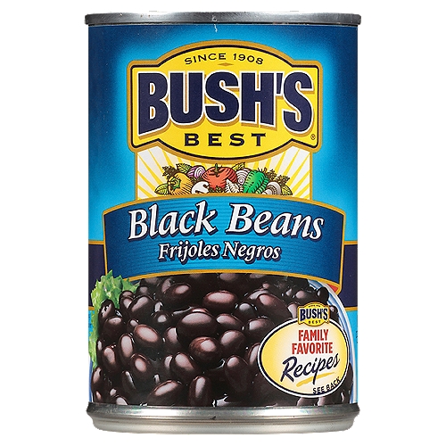 Cooking and creativity go hand in hand. That's why Bush's Black Beans don't stop at offering plant-based protein and fiber - they open up a whole world of versatility and inspiration. We choose only the best beans, with a deliciously creamy taste and texture that's perfect in soups, with rice, in tacos, puréed in dips and more. So while you may not know exactly what your next creation is going to be, you can rest assured it's going to be great.n• Gluten, cholesterol and fat freen• Bush's Black Beans include only the plumpest beans, with a deliciously creamy taste and texturen• Bush's Variety Beans offer the nutritional benefits and versatility you need, making them a staple for tacos, soups, rice, dips or whatever dish you think up nextn• Gluten, cholesterol and fat freen• A pantry staple with 7g of plant-based protein (10% DV) and 5g of fiber (17% DV) per servingn• Packaged in recyclable steel cans