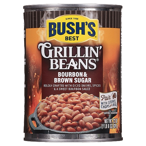 Bush's Bourbon and Brown Sugar Grillin' Beans 22 oz
When you're grilling your favorite meats, you want a side that can hold its own-like the bold taste of Bush's Bourbon and Brown Sugar Grillin' Beans. We slow-cook plump navy beans in a robust sauce generously seasoned with brown sugar, molasses, a bold blend of spices and a touch of natural bourbon flavor for a side dish that's decidedly different.