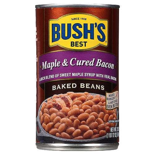 Bush's Maple & Cured Bacon Baked Beans 28 oz
When hamburgers and hot dogs are on your table, it only makes sense that Bush's Baked Beans go on the side. Our Maple & Cured Bacon Baked Beans recipe uses tender navy beans, slow-simmered with bacon and just a touch of maple syrup (and not a drop more). So whether you're fixing up a summer cookout, a weeknight meal or anything in between, you can be sure you've got a hint of maple sweetness to go along with every savory bite.