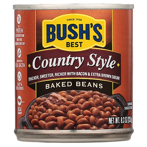 Bush's Country Style Baked Beans 8.3 oz
When hamburgers and hot dogs are on your table, it only makes sense that Bush's Baked Beans go on the side. Our Country Style Baked Beans recipe uses tender navy beans, slow-simmered in a thicker, richer, sweeter sauce made with hickory-smoked country bacon and extra brown sugar. So whether you're fixing up a summer cookout, a weeknight meal or anything in between, you can be sure you've got perfectly sweet beans to go along with every savory bite.