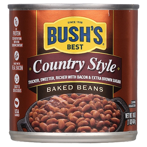 Bush's Country Style Baked Beans 16 oz
When hamburgers and hot dogs are on your table, it only makes sense that Bush's Baked Beans go on the side. Our Country Style Baked Beans recipe uses tender navy beans, slow-simmered in a thicker, richer, sweeter sauce made with hickory-smoked country bacon and extra brown sugar. So whether you're fixing up a summer cookout, a weeknight meal or anything in between, you can be sure you've got perfectly sweet beans to go along with every savory bite.