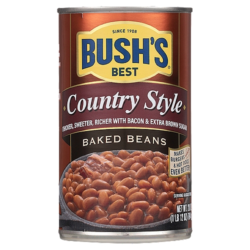 When hamburgers and hot dogs are on your table, it only makes sense that Bush's Baked Beans go on the side. Our Country Style Baked Beans recipe uses tender navy beans, slow-simmered in a thicker, richer, sweeter sauce made with hickory-smoked country bacon and extra brown sugar. So whether you're fixing up a summer cookout, a weeknight meal or anything in between, you can be sure you've got perfectly sweet beans to go along with every savory bite.n• Gluten and cholesterol free and low fatn• Bush's Country Style Baked Beans are tender navy beans slow-simmered in a delicious sauce made with hickory-smoked country bacon and extra brown sugarn• Bush's Baked Beans offer a perfectly sweet side to make your savory hot dogs and hamburgers even tastiern• Gluten and cholesterol free and low fatn• A pantry staple with 7g of protein (7% DV) and 4g of fiber (15% DV) per serving (See nutrition information for sodium content)n• Packaged in recyclable steel cans