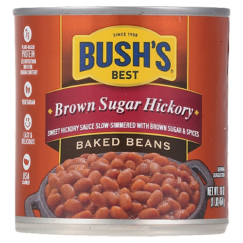 Bush's Brown Sugar Hickory Baked Beans 16 oz
When hamburgers and hot dogs are on your table, it only makes sense that Bush's Baked Beans go on the side. Our Brown Sugar Hickory Baked Beans recipe uses tender navy beans, slow-simmered in a slightly sweet sauce seasoned with brown sugar, a little mustard and a touch of savory hickory flavor. So whether you're fixing up a summer cookout, a weeknight meal or anything in between, you can be sure you've got perfectly sweet beans to go along with every savory bite.