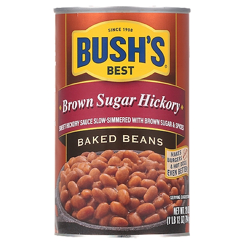 Bush's Brown Sugar Hickory Baked Beans 28 oz
When hamburgers and hot dogs are on your table, it only makes sense that Bush's Baked Beans go on the side. Our Brown Sugar Hickory Baked Beans recipe uses tender navy beans, slow-simmered in a slightly sweet sauce seasoned with brown sugar, a little mustard and a touch of savory hickory flavor. So whether you're fixing up a summer cookout, a weeknight meal or anything in between, you can be sure you've got perfectly sweet beans to go along with every savory bite.
