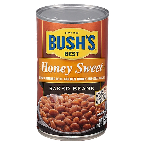 When hamburgers and hot dogs are on your table, it only makes sense that Bush's Baked Beans go on the side. Our Honey Sweet Baked Beans recipe uses tender navy beans, slow-simmered in a sauce made with real honey, brown sugar and spices for just the right amount of sweetness. So whether you're fixing up a summer cookout, a weeknight meal or anything in between, you can be sure you've got the perfect beans to go along with every savory bite.n• Gluten and cholesterol free and low fatn• Bush's Honey Sweet Baked Beans are tender navy beans slow-simmered in a delicate sauce made with real honey, brown sugar and our special blend of seasoningsn• Bush's Baked Beans offer a perfectly sweet side to make your savory hot dogs and hamburgers even tastiern• Gluten and cholesterol free and low fatn• A pantry staple with 7g of protein (8% DV) and 4g of fiber (16% DV) per serving (See nutrition information for sodium content)n• Packaged in recyclable steel cans