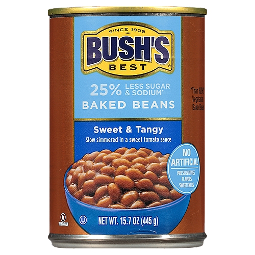 Bush's Sweet and Tangy Reduced Sodium & Sugar Baked Beans 15.7 oz
When hamburgers and hot dogs are on your table, it only makes sense that Bush's Baked Beans go on the side. Our Less Sugar & Sodium Sweet & Tangy Baked Beans are tender navy beans, slow-simmered in a sweet tomato sauce featuring 25% less sodium and sugar than our Vegetarian Baked Beans, but just the right amount of tanginess. So whether you're fixing up a summer cookout, a weeknight meal or anything in between, you can be sure you've got the perfect beans to go along with every savory bite.