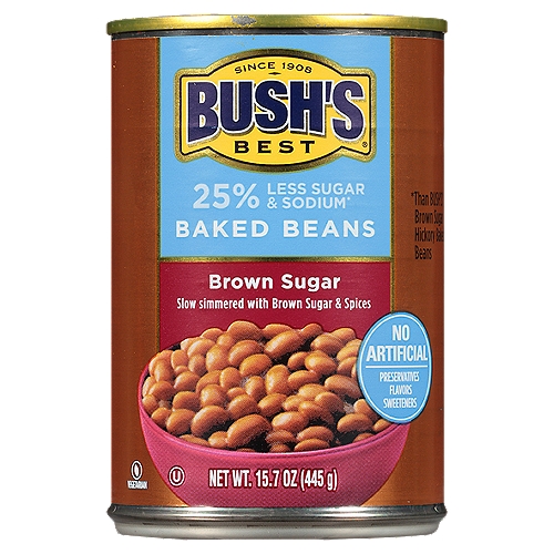 Bush's Brown Sugar Reduced Sodium & Sugar Baked Beans 15.7 oz
When hamburgers and hot dogs are on your table, it only makes sense that Bush's Baked Beans go on the side. Our Less Sugar & Sodium Brown Sugar Baked Beans are tender navy beans, slow-simmered in a sweet sauce featuring 25% less sodium and sugar than our Brown Sugar Hickory Baked Beans, but plenty of flavor. So whether you're fixing up a summer cookout, a weeknight meal or anything in between, you can be sure you've got the perfect beans to go along with every savory bite.