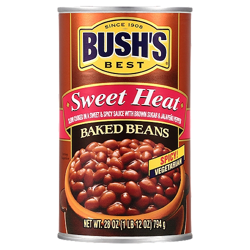 Bush's Sweet Heat Baked Beans 28 oz
When hamburgers and hot dogs are on your table, it only makes sense that Bush's Baked Beans go on the side. Our Sweet Heat Baked Beans recipe uses tender navy beans, slow-simmered in a rich, spicy blend of jalapeño and brown sugar. So whether you're fixing up a summer cookout, a weeknight meal or anything in between, you can be sure you've got a sweet and spicy kick to go along with every savory bite.
