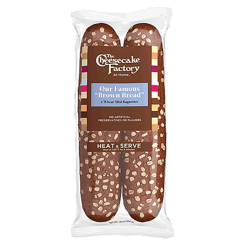 The Cheesecake Factory At Home Wheat Mini Baguettes, 2 count, 10 oz
Our Famous ''Brown Bread''
The Cheesecake Factory® is the fantastical food experience that is absolutely certain to satisfy. Now you can enjoy our famous ''brown bread'' - at home.
Loved around the world, our brown bread baguette is a Cheesecake Factory signature taste - now available to enjoy at home in mini baguettes, dinner rolls and sandwich bread.
