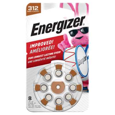 Energizer Hearing Aid Batteries Size 312, Brown Tab, 8 Pack