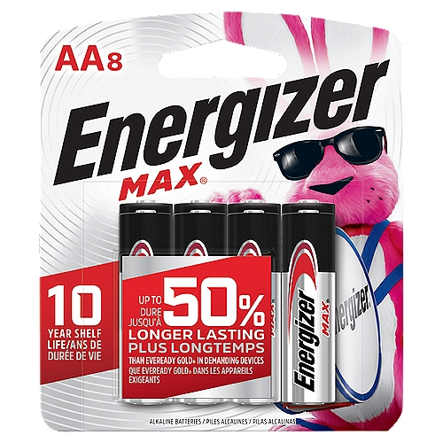 8 pack of Energizer MAX AA Alkaline Batteries, Double A BatteriesnnUp to 50% Longer Lasting than Eveready Gold® in Demanding Devices