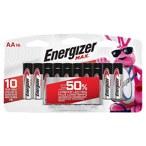 16 pack of Energizer MAX AA Alkaline Batteries, Double A BatteriesnnUp to 50% Longer Lasting than Eveready Gold® in Demanding Devices