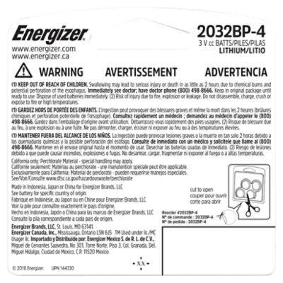 Energizer 2032 Batteries (4 Pack), 3V Lithium Coin Batteries