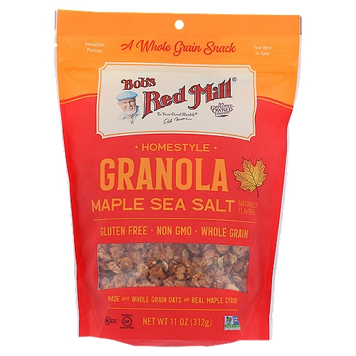 Bob's Red Mill Maple Sea Salt Granola, 11 oz
Quick and satisying granola snack that is crispy, toasted and rich in flavor!

Dear Friends
Perfectly crispy. Toasted. Golden brown. This granola is just spectacular! When we came up with the recipe, we went back to basics—a handful of simple ingredients, including whole grain oats, real maple syrup and sweet cranberries, baked to delicious perfection. The end result? Crunchy clusters that are rich in flavor (but not too sweet) and taste just like they came out of your own oven at home.
It's all part of our mission to bring you Whole Grain Foods for Every Meal of the Day®.
To your good health,
Bob Moore