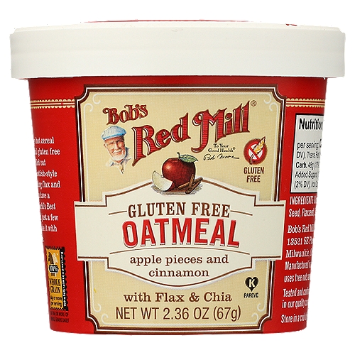 Bob's Red Mill Apple Cinnamon Oatmeal Cup, 2.36 oz
Convenient cup makes oatmeal on the go a breeze. With apples and cinnamon.

Dear Friends,
This delicious, on-the-go hot cereal is made from a delightful gluten free blend of whole grain rolled oat groats, stone ground Scottish-style oat groats, and nourishing flax and chia seeds. Now you can have a hearty portion of the World's Best Oatmeal® ready to eat in just a few minutes, and you can take with you just about anywhere.
To Your Good Health,
Bob Moore