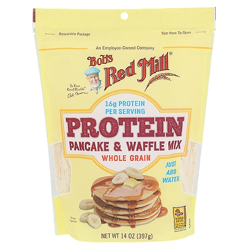 Bob's Red Mill Protein Pancake & Waffle Mix is packed with 16g of protein per serving! This delicious, wholesome mix is easy to prepare - all you need is water!nnDear Friends,nMy mission is to bring you whole grain foods for every meal of the day, and that starts with breakfast! With my Protein Pancake & Waffle Mix, it's easy to make a wholesome hot breakfast. Made with whey and pea protein powders and stone ground whole wheat pastry flour, these are pancakes you'll feel good about eating.