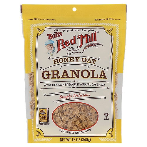 Bob's Red Mill Honey Oat Granola, 12 oz
Whole grain oats - great for breakfast or on the go!

A Whole Grain Breakfast and All-Day Snack

Dear Friends, what better way to start the day than with a bowl of our whole grain granola? Not only is our granola delicious, it's also packed with nutrition. Many manufacturers pulverize grains into oblivion, willfully removing the nutritious bran and germ, only to reconstitute what remains with added fillers, colors and artificial flavors. At Bob's Red Mill, we do it differently. Our Honey Oat Granola is made from whole grain oat groats that are simply rolled. No high fructose corn syrup, no hydrogenated oils, and no artificial preservatives. Each and every ingredient is one you will recognize and can feel good about eating.
Eating a bowl of whole grain granola topped with milk is one of the easiest and tastiest ways to start your day with a whole grain breakfast. But that isn't the only way to enjoy granola. Heat your bowl of granola and milk in the microwave for a scrumptious hot cereal, use it as a topping for your favorite yogurt for a light lunch, or try it on top of ice cream for a wonderful treat. You can also eat it right out of the bag! I hope you will enjoy our Honey Oat Granola as much as I do.
To your good health,
Bob Moore

Reason to Love Bob's Red Mill Honey Oat Granola
~ 35 grams whole grains per serving
~ Delicious hot or cold
~ Wholesome on-the-go snack
~ Tasty addition to baked goods