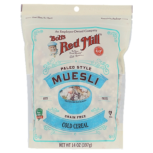 Bob's Red Mill Paleo Muesli, 14 oz
A grain free and gluten free twist on the traditional Swiss cereal. Featuring coconut flakes, seeds, nuts, and dried fruits, this cereal can be eaten cold or straight from the package!

Perfectly Simple Cereal
Our Paleo Muesli is wonderfully tasty and nourishing! What makes this cereal so great? It's perfectly simple:
~ Nuts and seeds provide a hearty combination of fats and proteins with a pleasant flavor and crunch.
~ Dried fruit adds a touch of wholesome sweetness.