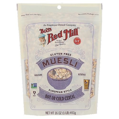 Bob's Red Mill Gluten Free Muesli, 16 oz
Inspired by the classic Swiss cereal featuring dedicated gluten free oats, seeds, and dried fruits.

Perfectly Simple Cereal
Our Gluten Free Muesli is wonderfully tasty and nourishing! What makes this cereal so great? It's perfectly simple:
~ Whole grain nutrition.
~ Dried fruit adds a touch of wholesome sweetness.
~ Nuts and seeds bring pleasant flavor and crunch.

Tested and confirmed gluten free in our quality control laboratory.