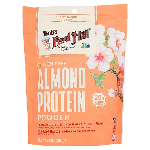 Bob's Red Mill Almond Protein Powder, 14 oz
Just one simple ingredient! Our Almond Protein Powder is made with the highest quality blanched almonds, finely ground to a sweet, creamy powder that blends perfectly into smoothies, baked goods, pasta sauces, salad dressings and more.

Rich in calcium & fiber*
*Contains 5g of Total Fat per Serving. See Nutrition Information for Fat Content.

Tested and confirmed gluten free in our quality control laboratory.

Dear Friends,
Protein is more than an essential nutrient: it's the building block of life! Each part of your body is made up of protein—are you nourishing them with the right ingredients? Our Almond Protein Powder is made with the highest quality blanched almonds, finely ground to a sweet, creamy powder that blends perfectly into smoothies, baked goods, pasta sauces, salad dressings and more. It's the nutrition you need, without the artificial additives you don't. Use it to fuel your busy day!
To your good health,
Bob Moore
