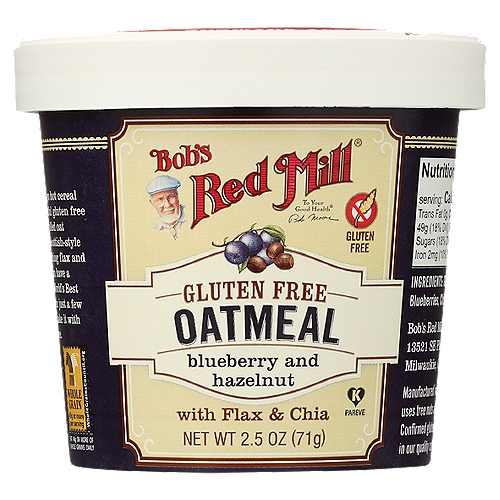 Bob's Red Mill Blueberry Hazelnut Oatmeal Cup, 2.5 oz
Convenient cup makes flavorful oatmeal on the go a breeze. Blueberries and hazelnuts feature Northwestern flavors.

Dear Friends,
This delicious, on-the-go hot cereal is made from a delightful gluten free blend of whole grain rolled oat groats, stone ground Scottish-style oat groats, and nourishing flax and chia seeds. Now you can have a hearty portion of the World's Best Oatmeal® ready to eat in just a few minutes, and you can take it with you just about anywhere.
To your good health,
Bob Moore