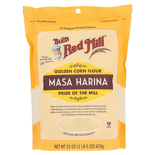 Our Golden Corn Flour Masa Harina is a must-have ingredient for traditional, homemade corn tortillas and tamales!nnMade with dried corn kernels that have been cooked and soaked in limewater before grinding, our masa harina corn flour is ideal for traditional foods like tortillas, tamales and pupusas, and it's also a fantastic addition to baked goods. Use it as breading or to thicken chili and soup.
