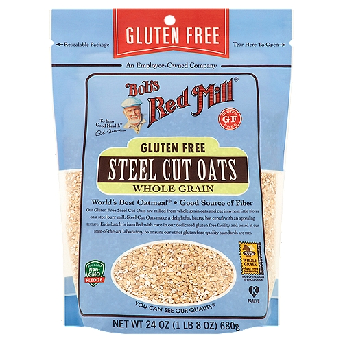 Bob's Red Mill Gluten Free Steel Cut Oats are lightly toasted and neatly cut, grown on dedicated fields and handled with care to avoid contamination from the field to your bowl. Breakfast isn't the end of the day for Gluten Free Steel Cut Oats, though - you can also use them for risotto, pilaf, aracini, and more!nnOur Gluten Free Steel Cut Oats are milled from the highest quality farm-fresh oats in the world. Steel Cut Oats make a delightful, hearty hot cereal with an appealing texture. Each batch is handled with care in our dedicated gluten free facility and tested in our state-of-the-art laboratory to ensure our strict gluten free quality standards are met.nnDear Friends,nWhat we eat in the morning makes all the difference in how we get through the rest of the day. A bowl of nutritious whole grain oatmeal starts you off right and keeps your hunger at bay throughout the morning. In my view, no food on earth is better!nTo your good health,nBob Moore