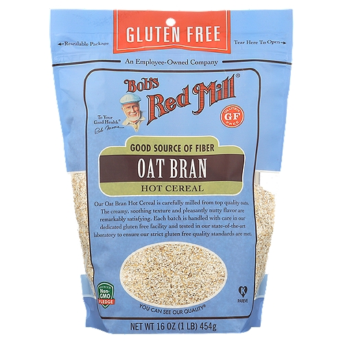 Bob's Red Mill Gluten Free Oat Bran, 16 oz
Bob's Red Mill Oat Bran Hot Cereal is an excellent choice to start your day with a high fiber breakfast. Creamy with a bit of nutty sweetness, try Oat Bran Hot Cereal topped with your favorite fruits, nuts, seeds, and honey or brown sugar - make it your own! Ready in about 5 minutes on the stove or in the microwave.

The creamy, soothing texture and pleasantly nutty flavor are remarkably satisfying. Each batch is handled with care in our dedicated gluten free facility and tested in our state-of-the-art laboratory to ensure our strict gluten free quality standards are met.

Dear Friends,
What we eat in the morning makes all the difference in how we get through the rest of the day. A bowl of nutritious oat bran cereal starts you off right and keeps your hunger at bay throughout the morning. In my view, no food on earth is better!
To your good health,
Bob Moore