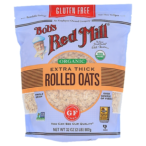 Bob's Red Mill Gluten Free Organic Thick Rolled Oats, 32 oz
 Bob's Red Mill Extra Thick Rolled Oats are lightly toasted and rolled thick for an extra chewy texture. Like all of our gluten free-labeled products, this product is produced in a dedicated gluten free facility and is R5-ELISA tested to confirm its gluten free status. Certified Organic by QAI.

These Aren't Ordinary Oats...
Our Gluten Free Organic Thick Rolled Oats are milled from the highest quality farm-fresh oats in the world. Each oat is rolled extra thick, for folks who like their oatmeal extra hearty. Each batch is handled with care in our dedicated gluten free facility and tested in our state-of-the-art laboratory to ensure our strict gluten free quality standards are met.

Tested and confirmed gluten free in our quality control laboratory.